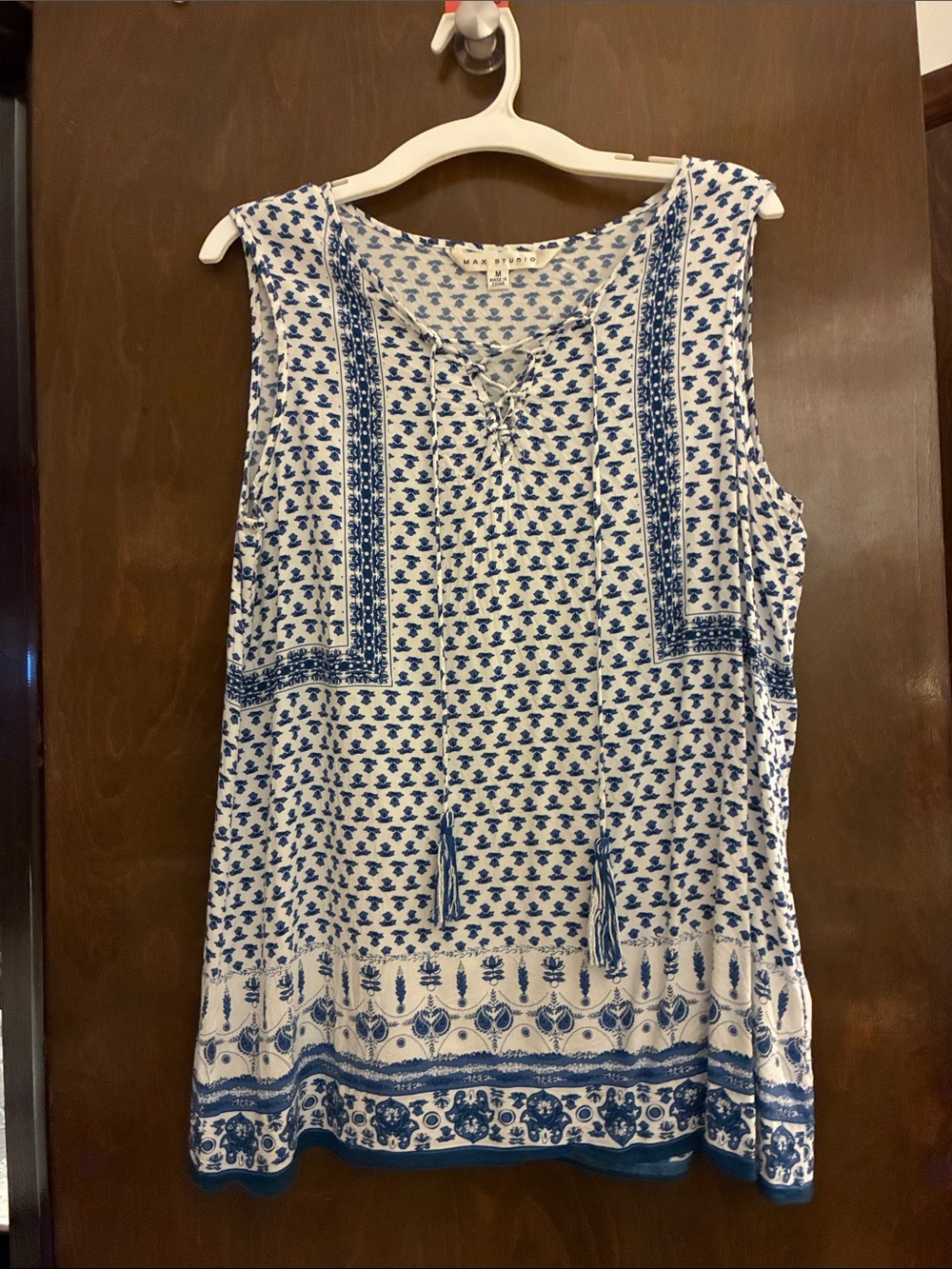 Max Studio White and Blue Tassel Lace-Up Sleeveless Tunic